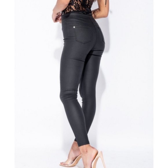 Black Vegan Leather Coated High Waist Skinny Pants - Picture 4 of 9
